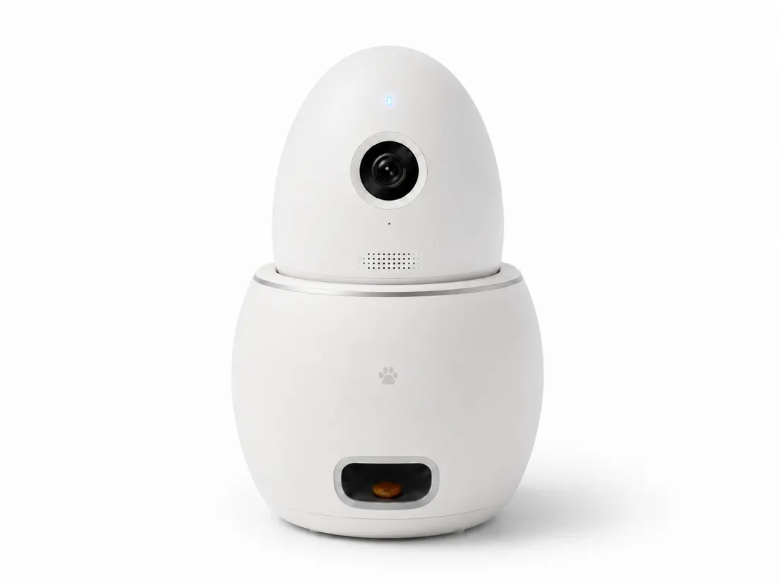 Fido concept render: a rounded white device with a camera, speaker grille, and treat opening